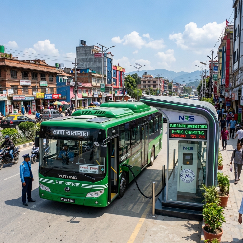 Real electric Sajha Yatayat bus charging at Pulchowk HQ